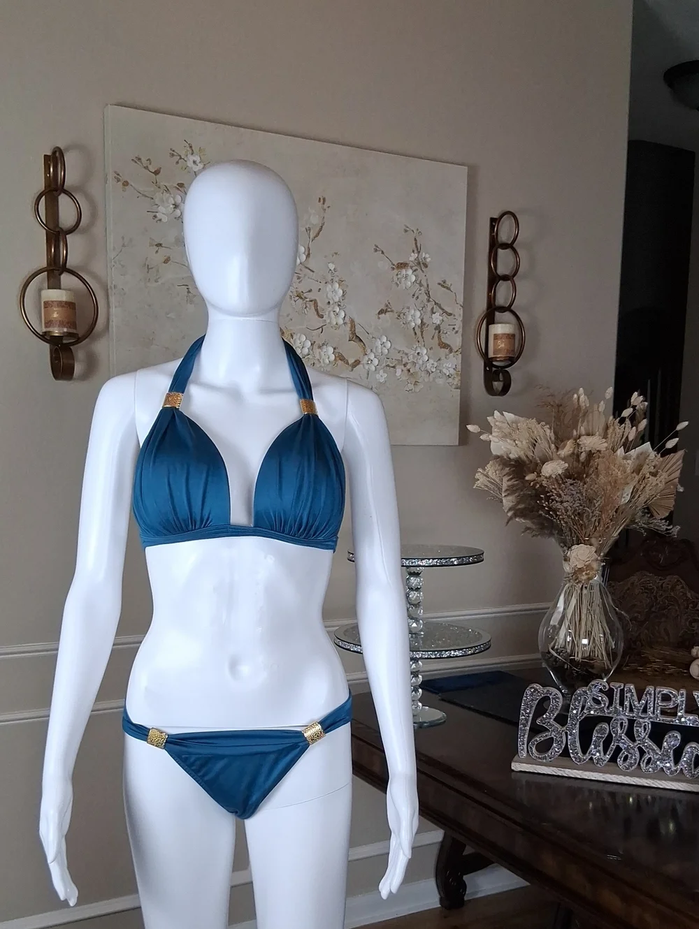 Venus Teal Blue And Gold Goddess Enhancer PushUp Bikini Set Top DD- Bottom Small - Picture 3 of 16